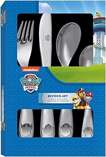 POS 29991 - Besteckset mit Paw Patrol Prägung, 4 teiliges Kinderbesteck aus rostfreiem Edelstahl, spülmaschinengeeignet, bestehend aus Messer, Gabel, großer und kleiner Löffel