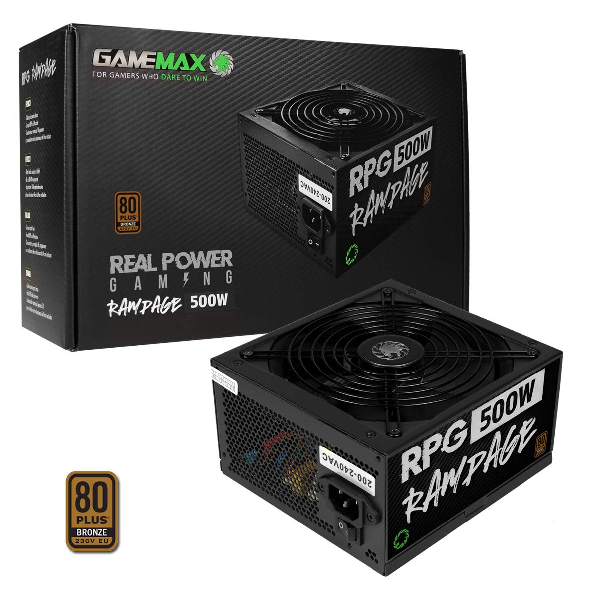 GameMax 500W Rampage Power Supply (No Power Cable inc.), Non-Modular, APFC, Japanese Tk Main Capacitor, 80 Plus Bronze, 88% Efficiency, 14cm Cooling Fan, Real Power Gaming | Black