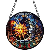 WOHAHA Sun and Moon Stained Glass Sun Catcher - 7.8'' Hand-Painted Window Hanging for Indoor/Outdoor Decor, Suncatcher Glass Panel Wall Art Decor for Women, Celestial Lovers (Colour-1)