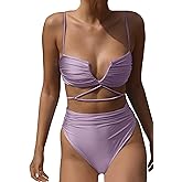 HYTENSUN Women's V Wired High Waisted Bikini Ruched High Cut Two Pieces Swimsuit Bathing Suits