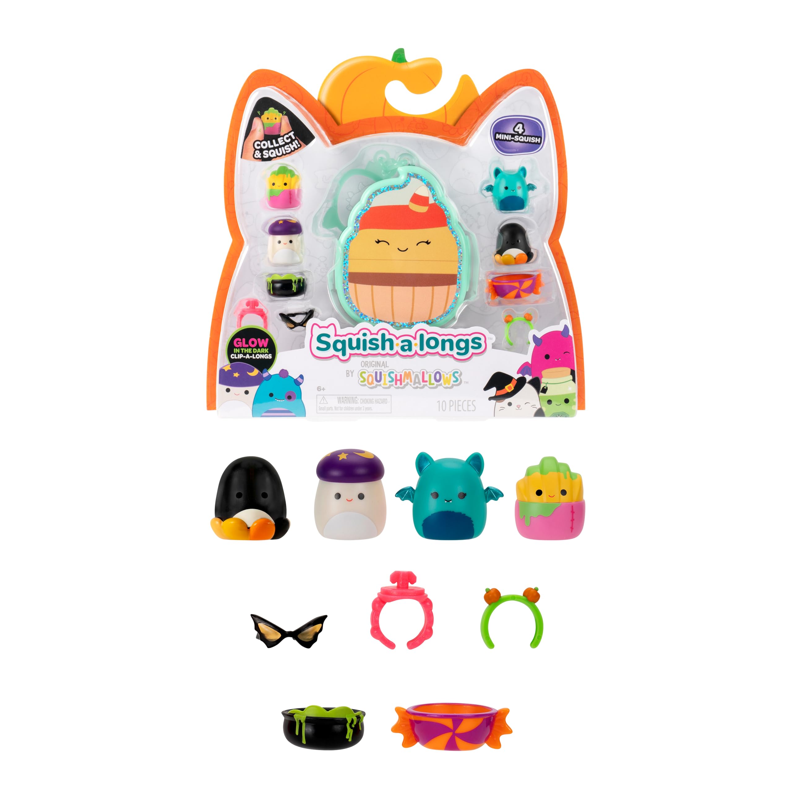 Squish-a-longs Clip-a-longs Halloween Pack – Includes 4 Mini-Squish (Style 1) - includes glow-in-the-dark Mini-Squish carrying case