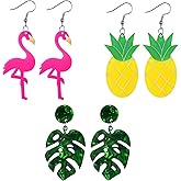 Hicarer 3 Pairs Hawaii 80s 90s Neon Earrings for Women Summer Flamingo Pineapple Palm Tree Earrings Retro Pendant Acrylic Drop Dangle for 80's Outfit Glow Party Accessories