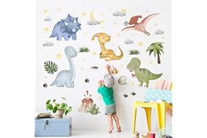 Yovkky Watercolor Baby Dinosaur Wall Decals Stickers, Dino Volcano Tropical Leaf Palm Tree Baby Boy Girl Room Nursery Decor, Cloud Moon Star Neutral Home Decorations Kid Bedroom Playroom Art