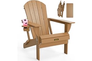 Carauci Plastic HDPE Adirondack Chair, Folding Adirondack Chair Weather Resistant with Cup Holder, Wooden Textured Fire Pit Outdoor Chair for Garden, Porch, Lawn, Backyard, Supports 380LBS, Teak
