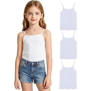 Domissya 3 Pack Girls Cotton Camisole Size 5-12 Years Kids Tank Tops | Spaghetti Strap Tank Top, Adjustable Straps,95% Cotton