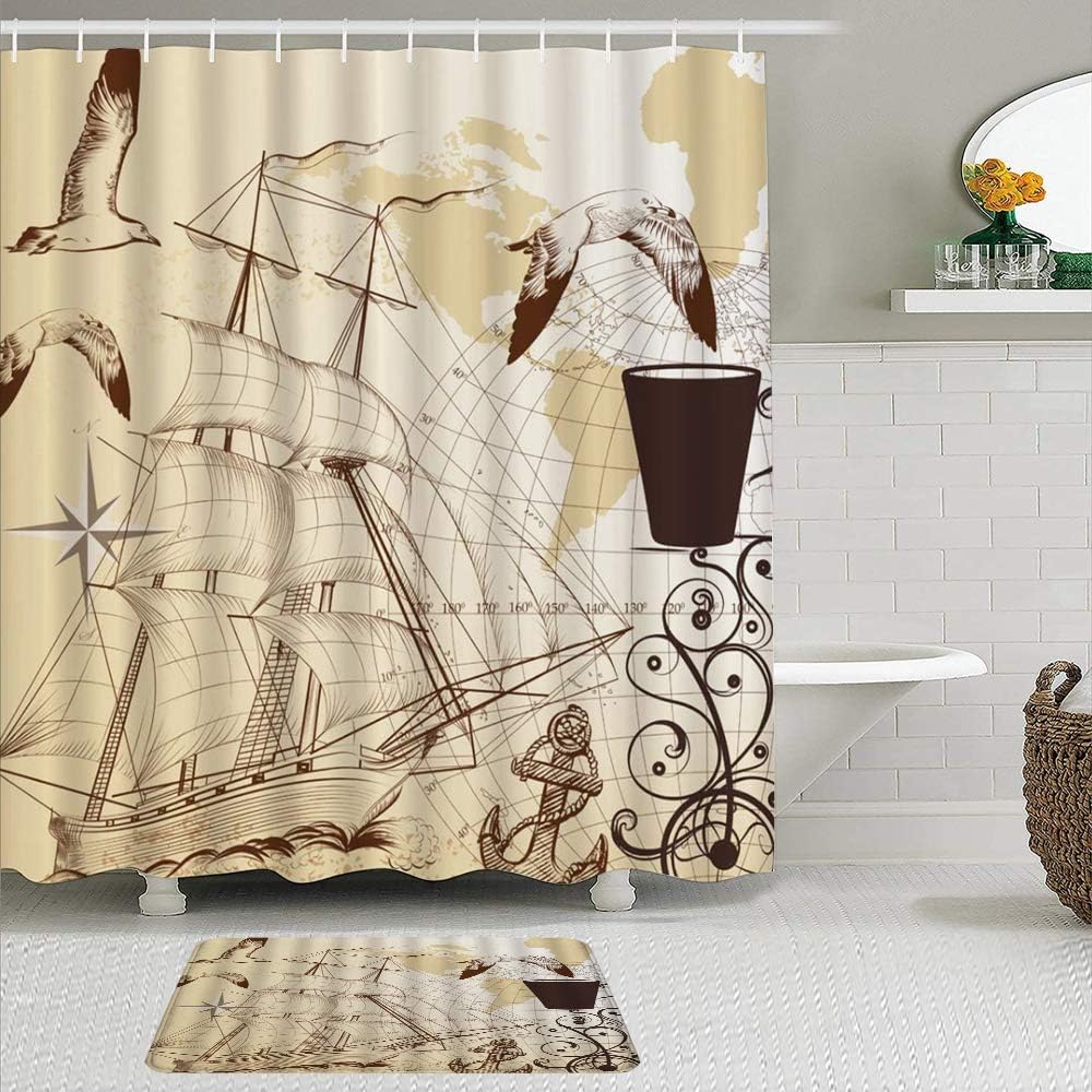 Lieteuy Stoff Duschvorhang und Matten Set,Nautische Retro Segel Ozean