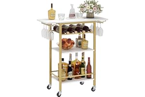 LAATOOREE Bar Cart, Home Bar Serving Cart, 3 Tier Mobile Drink Beverage Cart, Rolling Kitchen Shelf with Wine and Glass Holder, for Dinning Room, Living Room, Kitchen