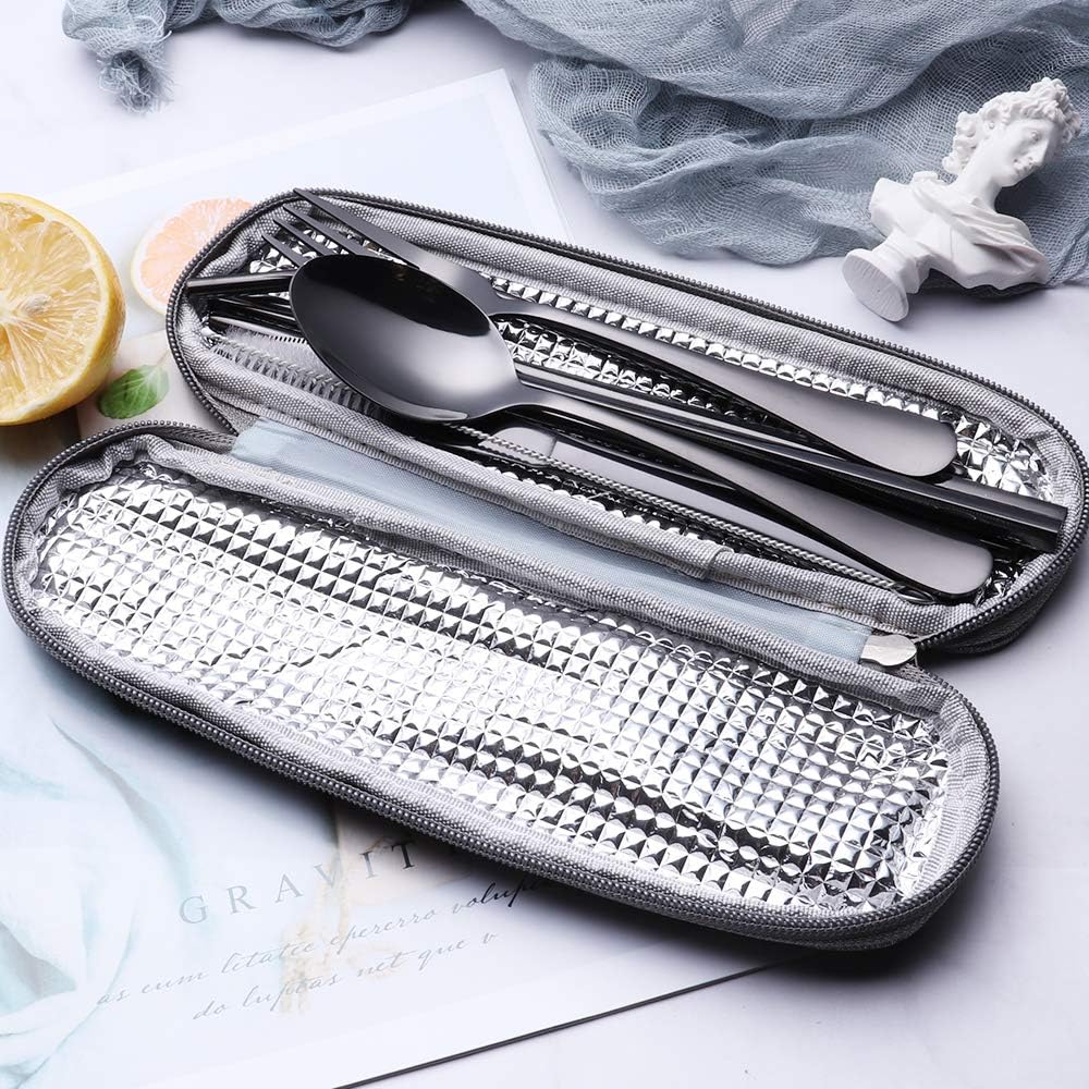  | Portable Stainless Steel Flatware Set, Travel Camping Cutlery Set, Portable Utensil Travel Silverware Dinnerware Set with a Waterproof Case (8-Pieces Flatware Set Black)…: Flatware Sets