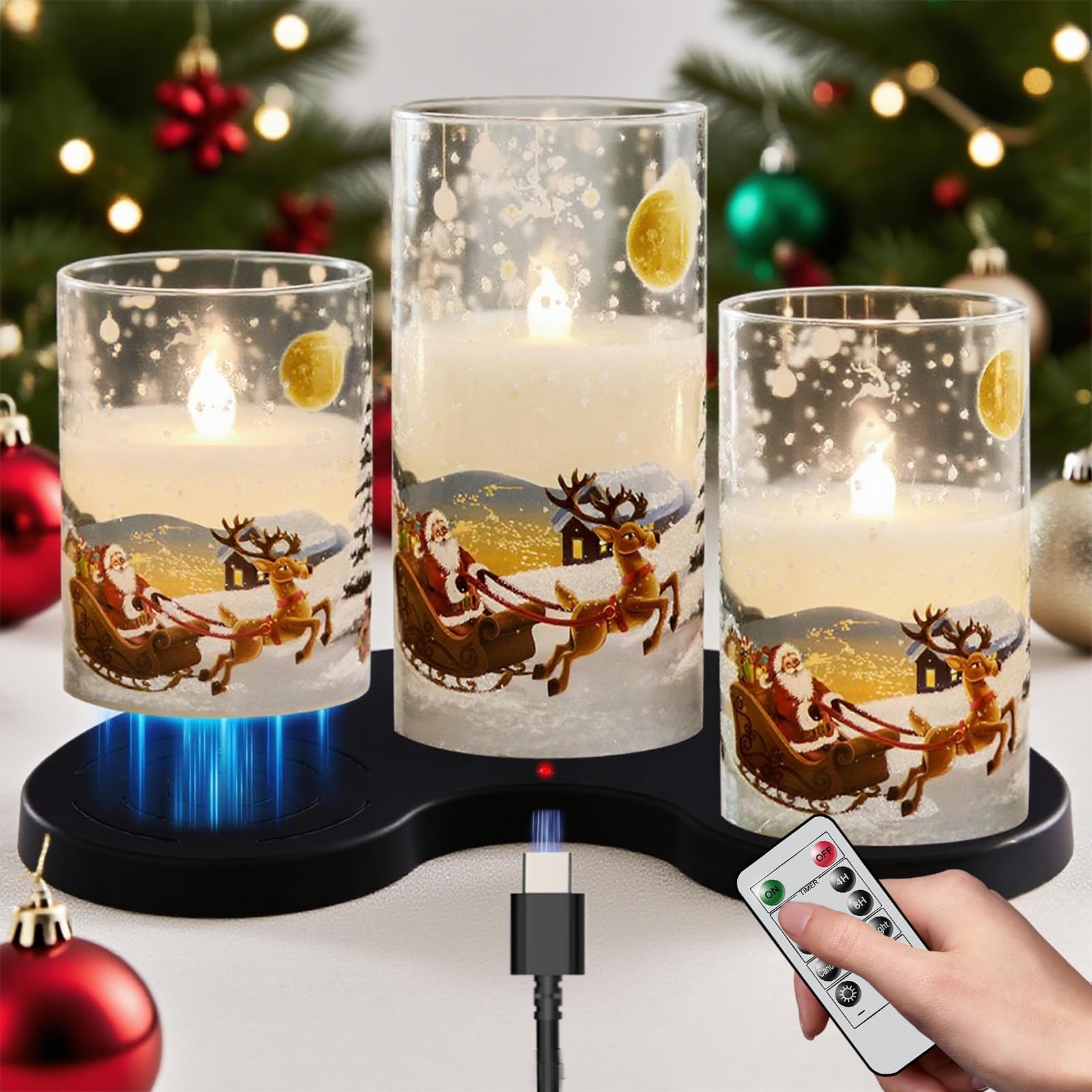 DRomance Santa Glass Flameless Candles Rechargeable Battery Operated with Remote and Timer Real Wax LED Flickering Pillar Candles White Cold Light Window Christmas Holiday Decor D3 x 4",5",6" Image