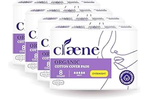 Claene Organic Cotton Cover Pads, Cruelty-Free, Menstrual Overnight Sanitary Pads for Women, Unscented, Breathable, Vegan, Organic Pads, Natural Sanitary Napkins with Wings(Overnight, 32 Count)