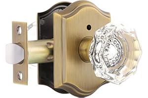 Gobrico Transparent Glass Door Knobset Interior,Privacy Diamond Crystal Door Lockset in Antique Brass,Keyless for Interior Bath/Bed,Push Pin Button Inside Lock，1 Pack