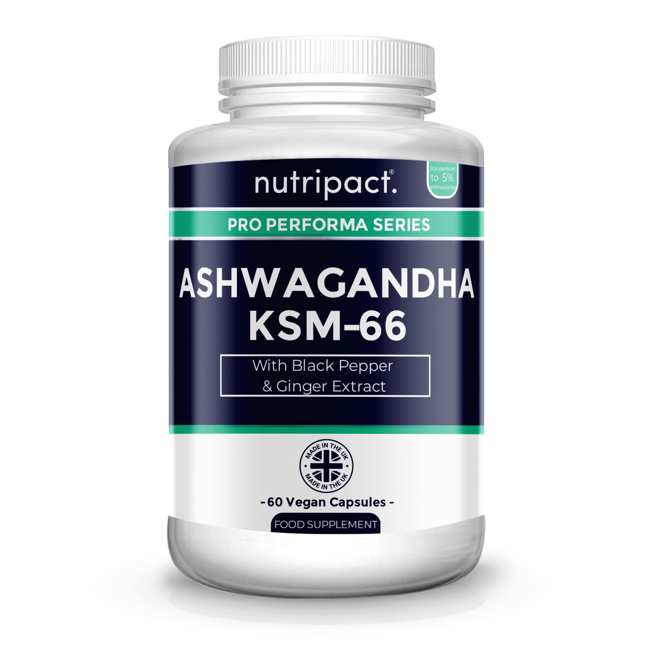 Nutripact Ashwagandha KSM 66 Capsules 3-in-1 Complex – with Black Pepper (Piperine) & Ginger Extract – 5% Withanolides – High Strength Ashwaganda Supplement - 60 Vegan Capsules (not Tablets) – UK