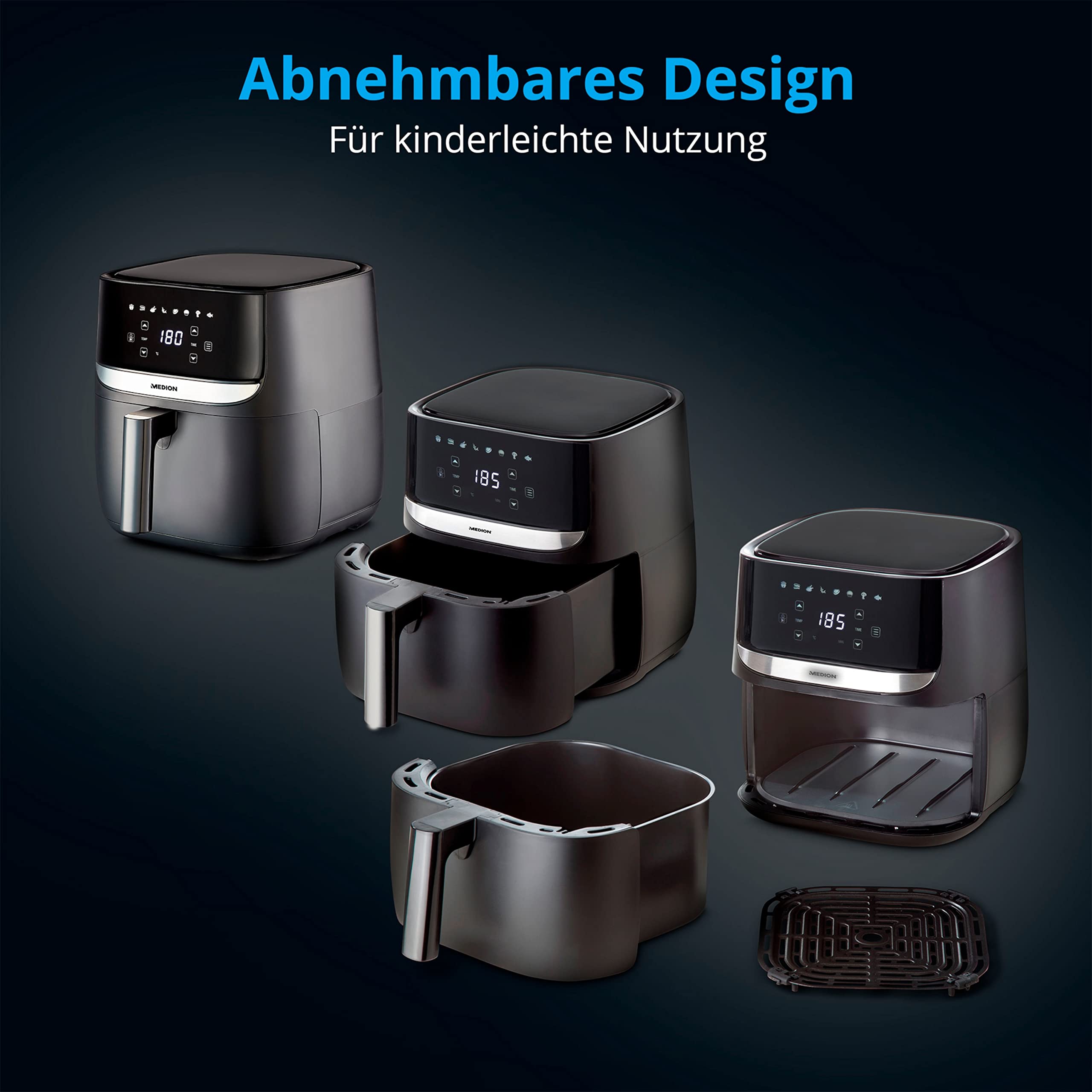 MEDION E50 XL Heißluftfritteuse (5,7 Liter, Airfryer, ca. 1700 Watt, Digitales Bedienfeld, 8 Automatikprogramme, ölfreies Frittieren, 30 Min Timer, Überhitzungsschutz, MD10532) 5