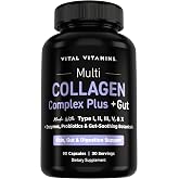 Vital Vitamins Multi Collagen Complex Plus + Gut, Probiotics &amp; Enzymes | 5 Collagen Types I, II, III, V &amp; X with Digestive Enzyme Blend, 3 Billion CFU Probiotic &amp; Gut Botanicals, 90 Capsules