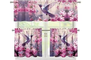 HUISEFOR Hummingbird Kitchen Curtain and Valances Set for Window Home Decor, Cherry Blossom ffice Window Drapes Housewarming Gifts 24 Inch Window Treatments