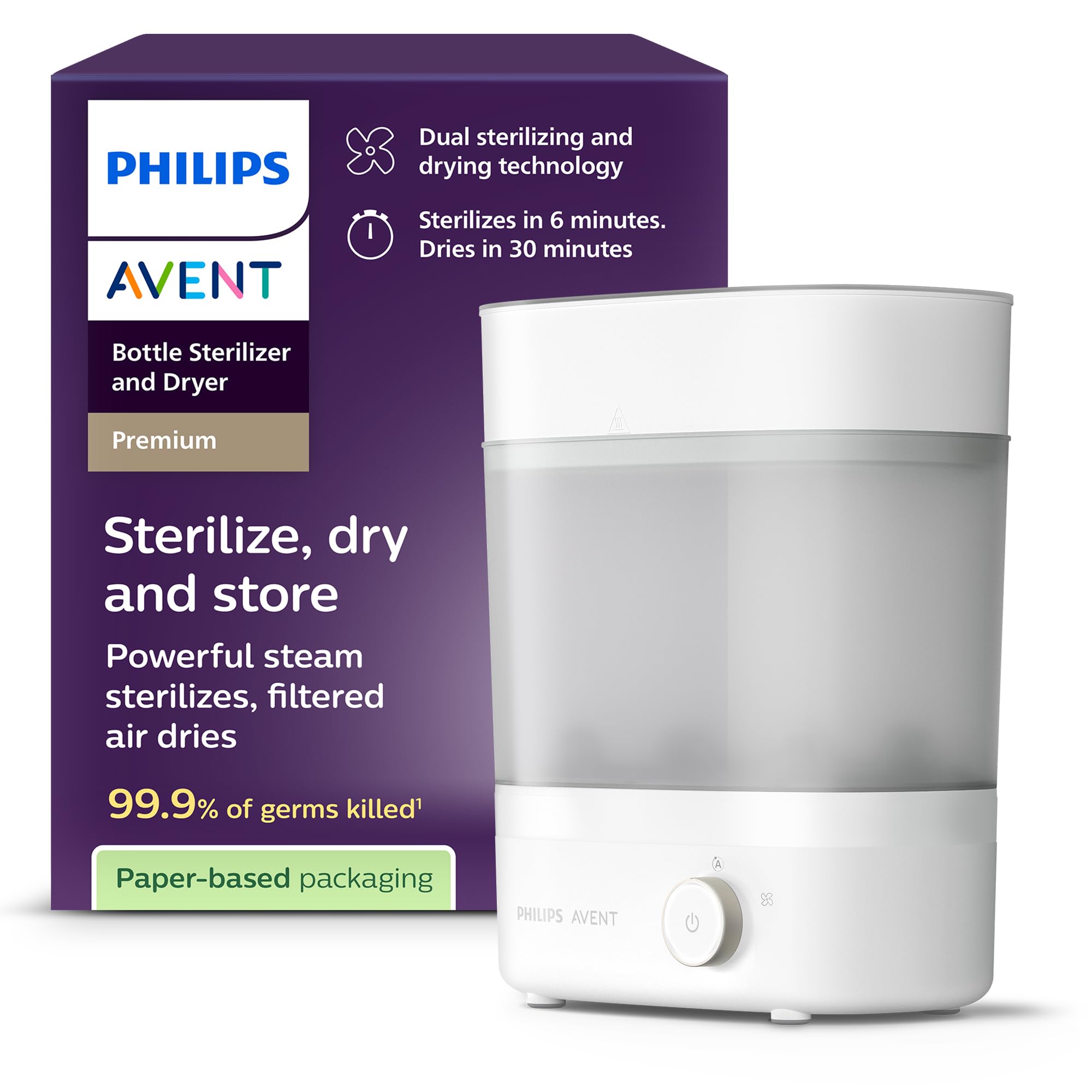 Philips AVENT Babyfläschchen-Sterilisator und -Trockner Premium, entfernt 99,9% der Bakterien, chemikalienfrei, Kapazität für 6 Fläschchen/Sauger/Zubehörteile, Modell SCF293/00