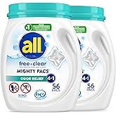 All Mighty Pacs Laundry Detergent, Free Clear Odor Relief, Tub, 56 Count (Pack of 2), 112 Total Loads