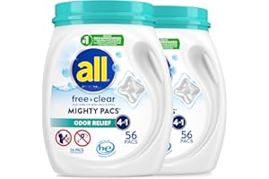 All Mighty Pacs Laundry Detergent, Free Clear Odor Relief, Tub, 56 Count (Pack of 2), 112 Total Loads