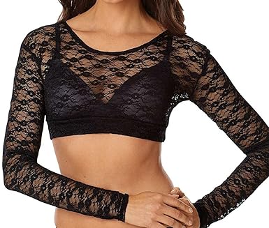 I Damen FLORAL Spitze Langarmshirt Spitzenshirt - SCHWARZ - M - INTHERMAX©