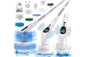TIKENSO Electric Spin Scrubber, Electric Spin Cordless Tub and Tile Scrubber with Voice Broadcasting 3 Speed 9 Replaceable Clean Heads Power Spin Scrubbers