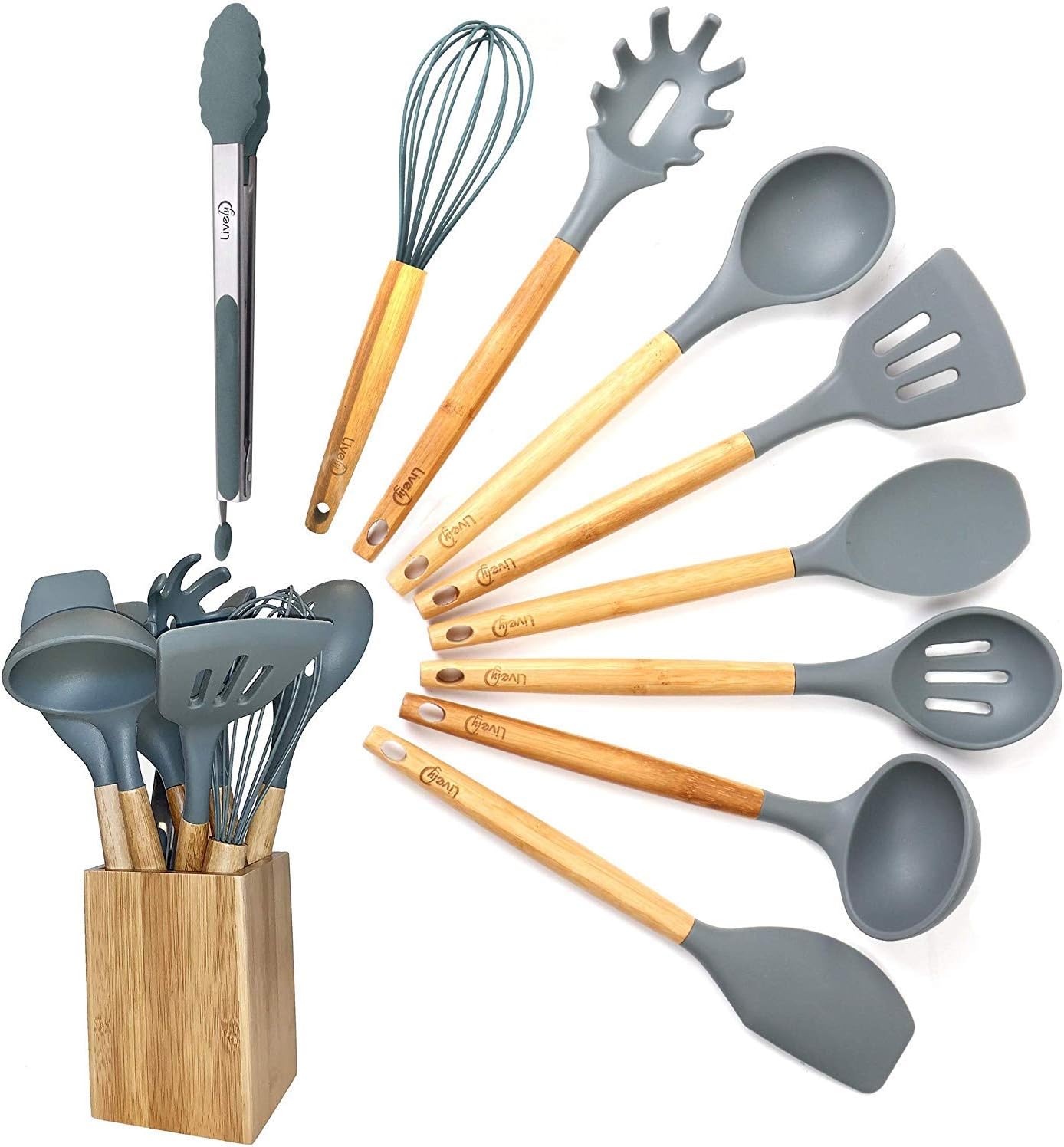 Kitchen Utensil Set - 10 Piece Cooking Utensil Set with Utensils Holder by Lively Home Goods - Nonstick Cookware Cooking Tool and Kitchen Gadget Set - Gray