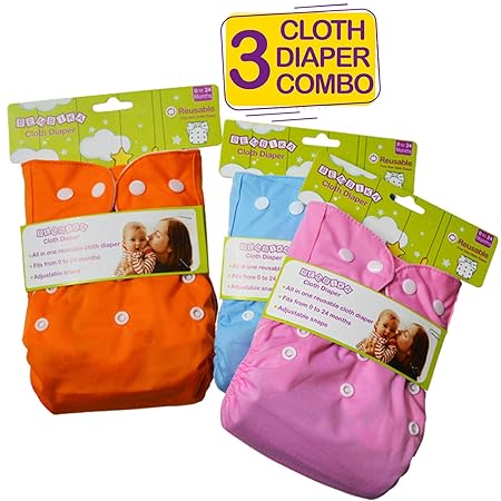 Bembika Baby Pocket Cloth Diapers Reusable Cloth Diapers Washable Adjustable Cloth Diapers One Size Adjustable Reusable (3 Pack) (0-2 Years) (No Inserts Included)