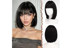 FESHFEN Black Short Bob Wigs with Flat Bangs, Straight Hair Synthetic Colorful Cosplay Daily Costume Party Fashion Modern Neo