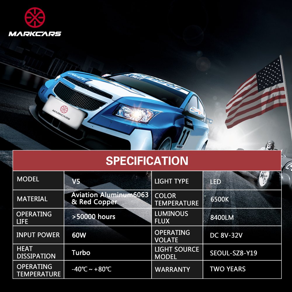 Markcars LED Car Headlight Bulbs H11 60W 8400LM with Seoul Chip Turbo Heat Dissipation Auto Headlamp Cool White All-in-One plug and play Conversion kit