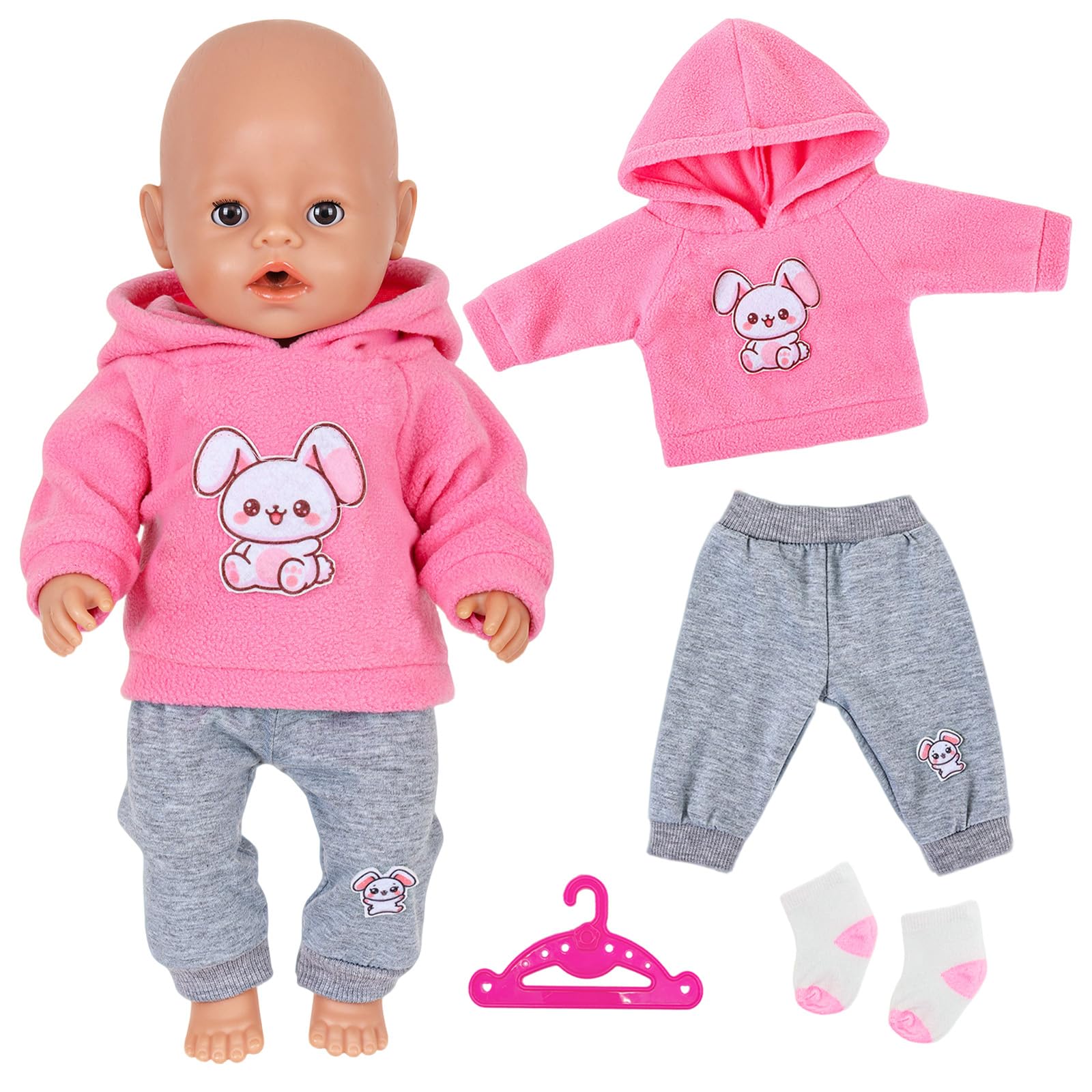 4 Pcs Baby Doll Clothes for 12-18 Inch Doll，Cartoon Pink Pony Baby Doll Accessories for 30-45cm Dolls with Hoodie Brown Trousers Socks Hanger Sweet Doll Clothes for Kids Birthday Gift