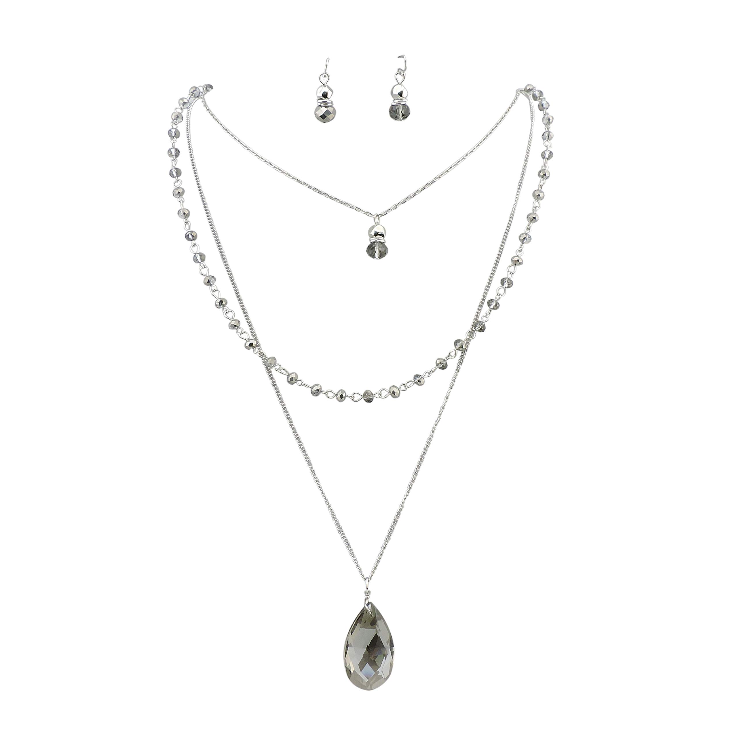 Bocar 3 Layer Jewelry Set Long Chain Pendant Bead Necklace Earring for Women (NK-10036-grey)