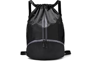 LOKAPEGY Black Drawstring Gym Bag for Men, Waterproof Drawstring Backpack for Women, Swim Bag with Shoes Compartment, Pull String Sport Bag for Soccer and Basketball.
