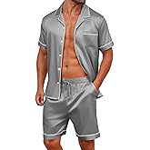 Vssjavun Mens Satin Silk Pajamas Sets Short Sleeve Button-Down Sleepwear Two Piece Loungewear with Pockets
