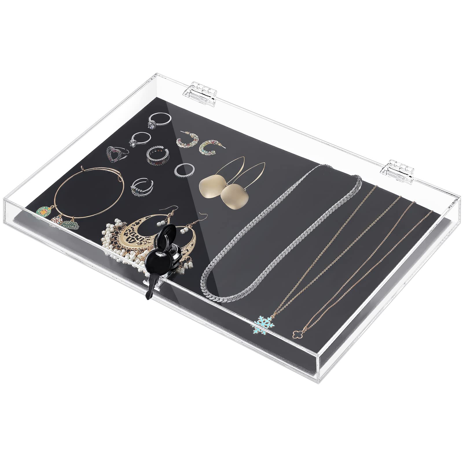 Photo 1 of Weysat Acrylic Locking Display Case for Jewelry, Clear Rectangular Display Box Security Showcase Safe Box with Lock and Key Black Padding for Jewelry Selling Collector Watches Knives