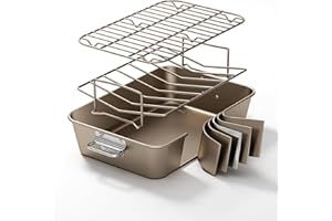 Armorbear Turkey Roasting Pan with Rack Ceramic Non stick Carbon Steel Roaster 16x11 Inch, Dishwasher Safe, Deep Baking Broiler Pan for Oven Chicken, Bacon, Golden