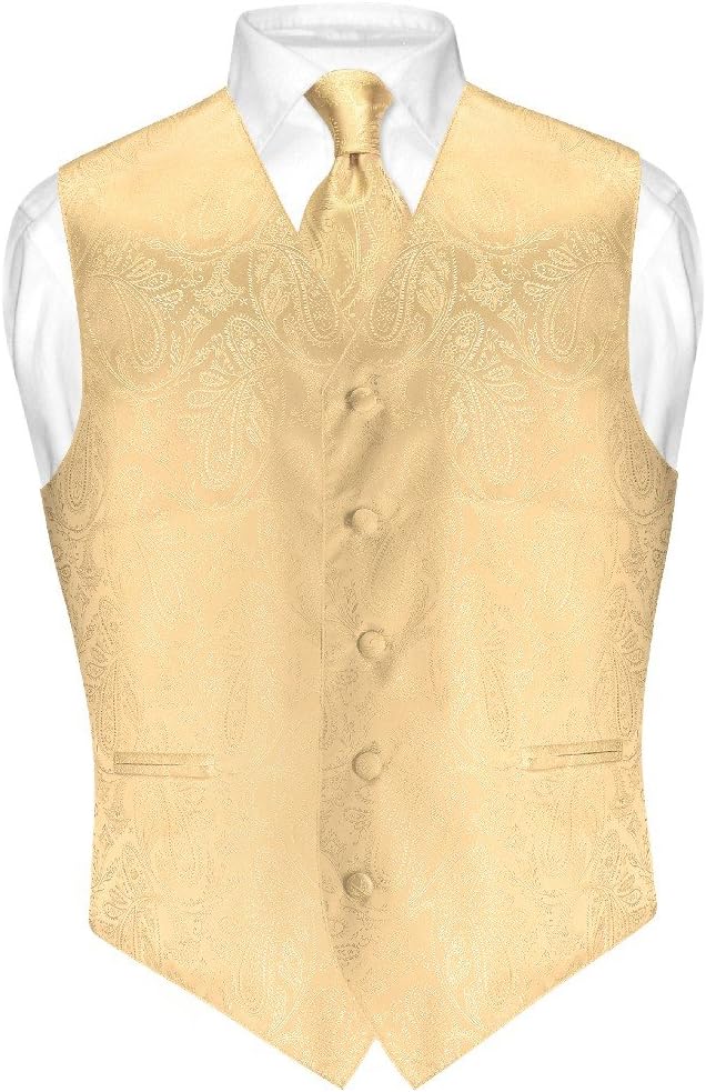 Vesuvio Napoli Men's Paisley Design Dress Vest & Necktie Gold Color Neck Tie Set for Suit Tux