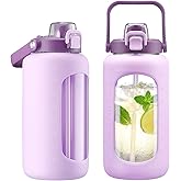 72oz Glass Water Bottle with 2-IN-1 Straw &Chug Lid, Large Motivational Glass Bottle with Capacity Marker and Silicone Sleeve, 2.1Liter Gallon Water Jug for Home, Sports, Gym, BPA Free-Light Purple