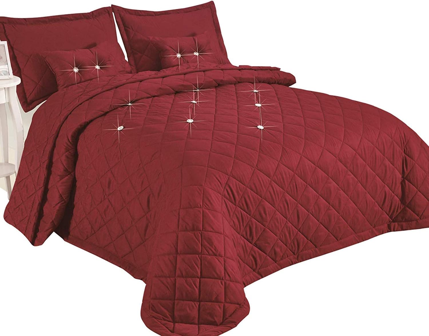 5 Piece Burgundy Diamond Quilted Reversible Bedspread Comforter Set