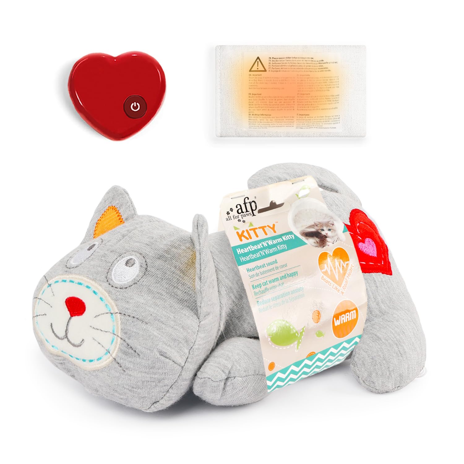 ALL FOR PAWS Plush Heart Beat Kitty Toy with Warm Bag, Soft Cuddle Toy for Kittens, Stuffed Cat Toy For Separation Anxiety Relief & Sleep Aid