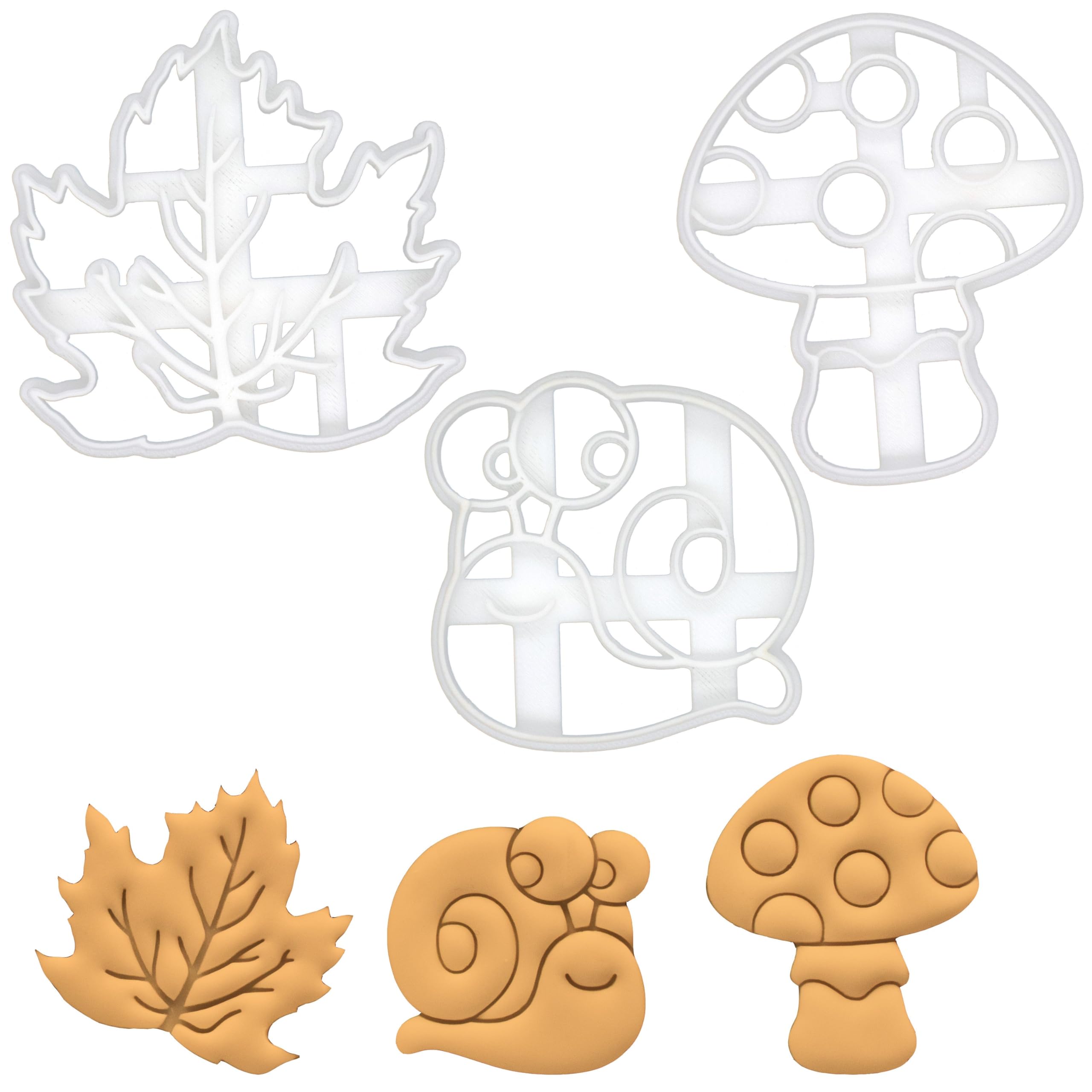 BAKERLOGY Set of 3 Whimsical Themed Cookie Cutters (Designs: Mushroom, Snail, and Maple Leaf) - Detailed Biscuit Cutter Design for Baking and Crafts, Ideal on Fondant, Dough, Clay