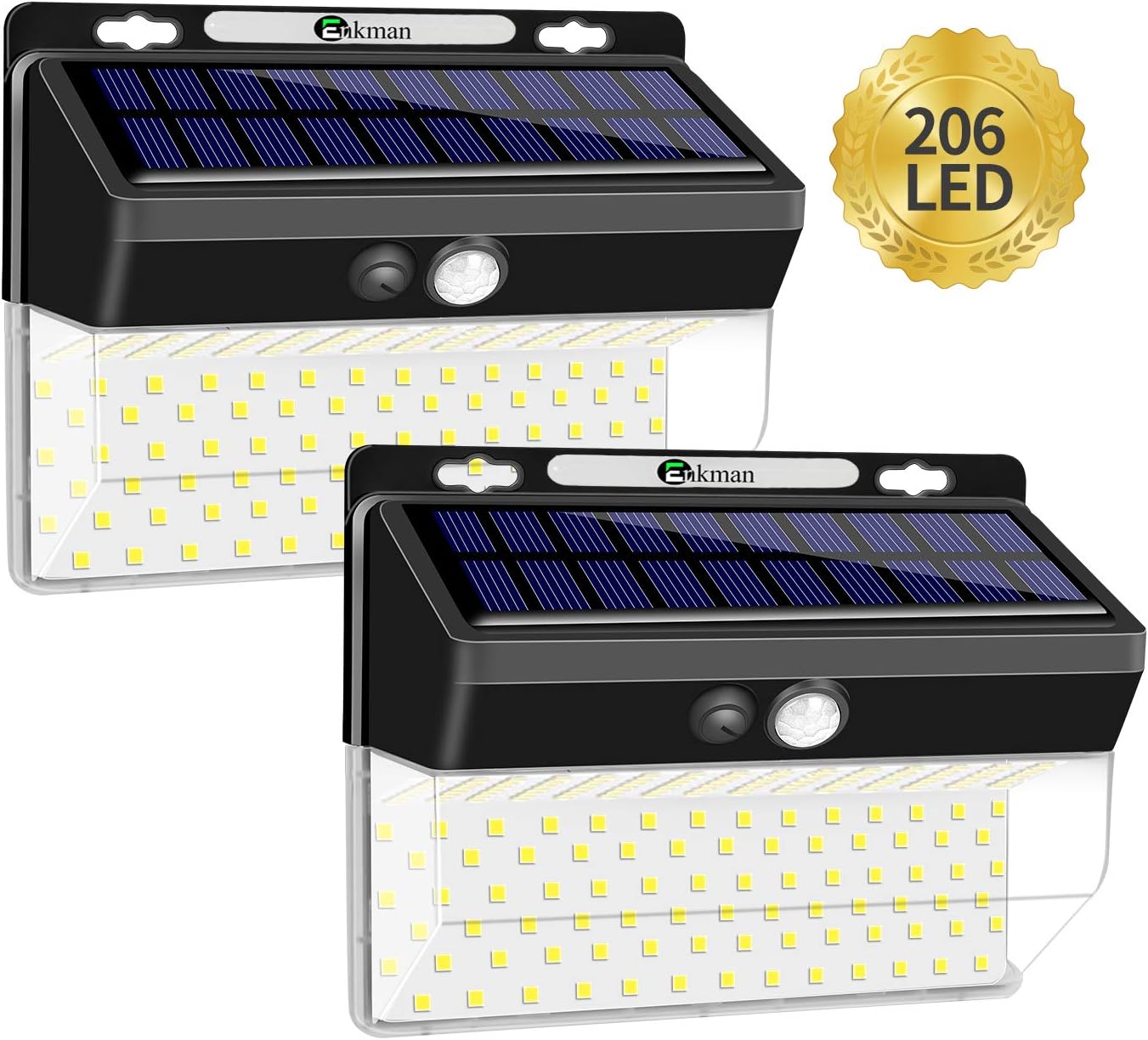 Enkman Solar Lights Outdoor [2 Pack/3 Modes/206 LEDs] Wireless Motion Sensor Ooutdoor Lights with Wide Angle IP65 Waterproof for Deck Post Door Wall Yard Garden Patio Yard Deck Garage Fence Pool