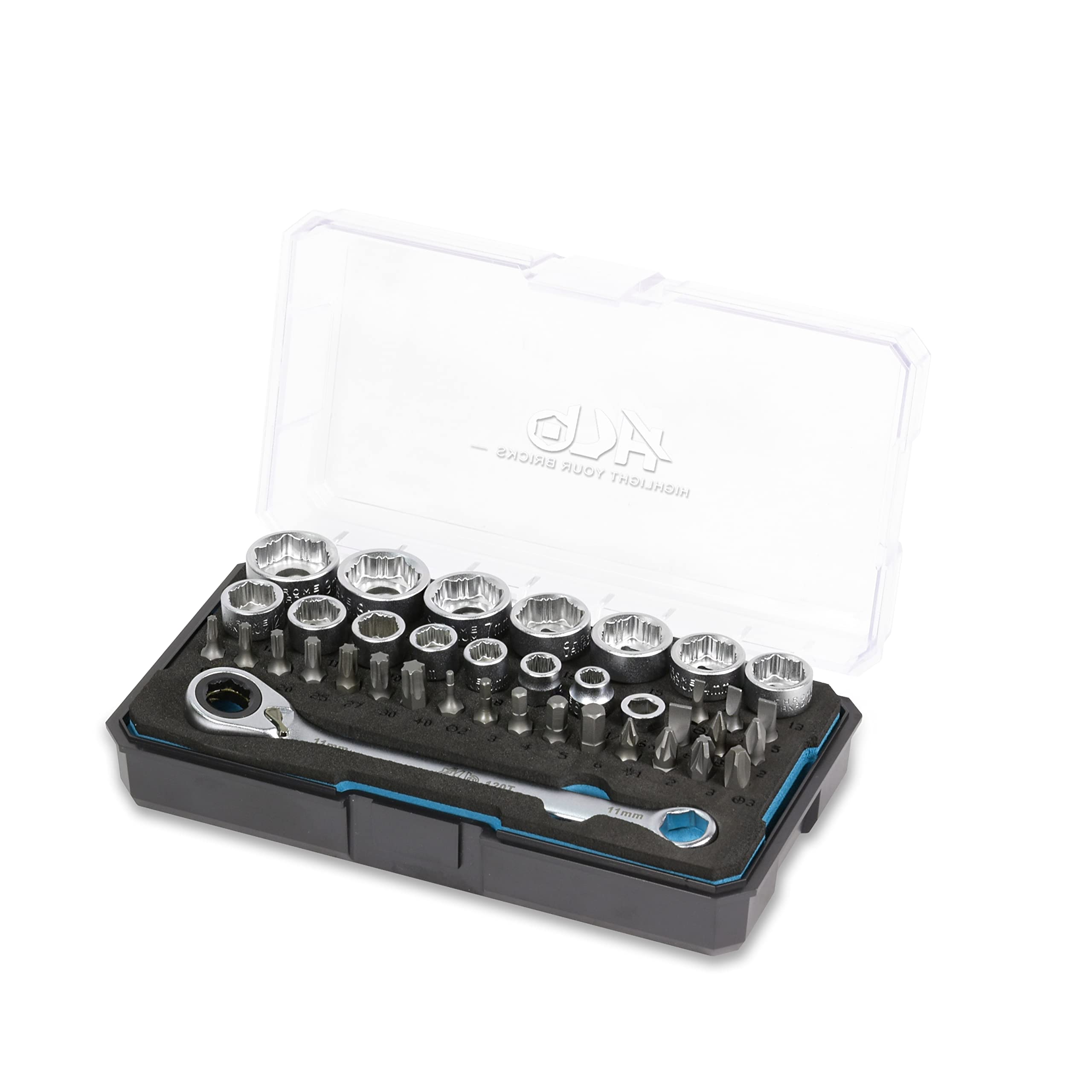 HB Pass Thru 120-Tooth Low Profile Ratchet Wrench Set 38 Piece Non Slip Sockets for Rounded or Standard Bolts with Star Bits Chrome Vanadium Steel Portable EVA Case Made in Taiwan AGM025-G