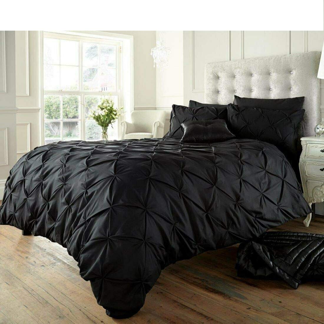 RAYYANLINEN 3PCs PINTUCK PLEATED DUVET COVER BEDDING SET WITH PILLOWCASES (Black, DOUBLE)