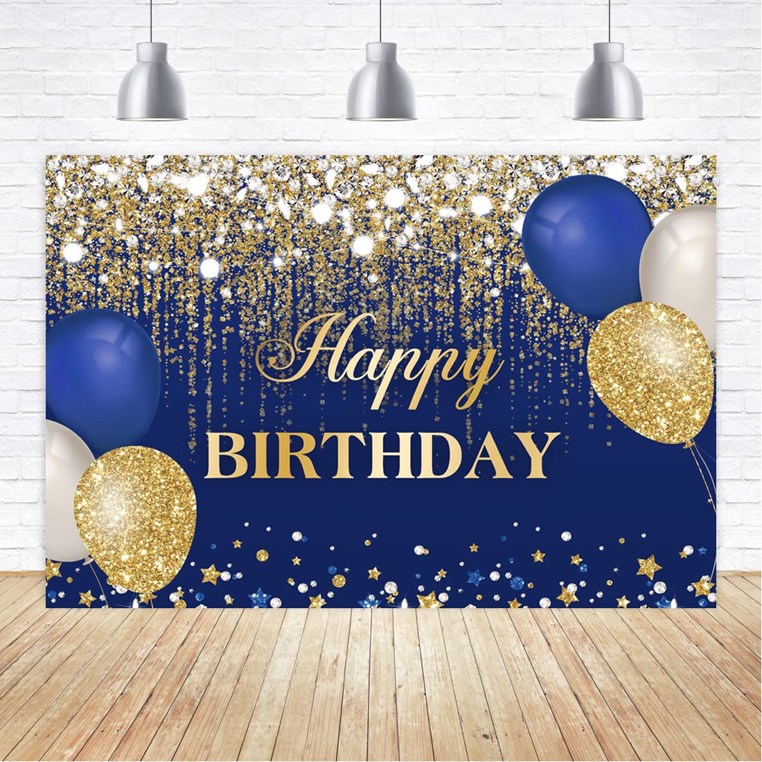 Aperturee Blue and Gold Happy Birthday Backdrop