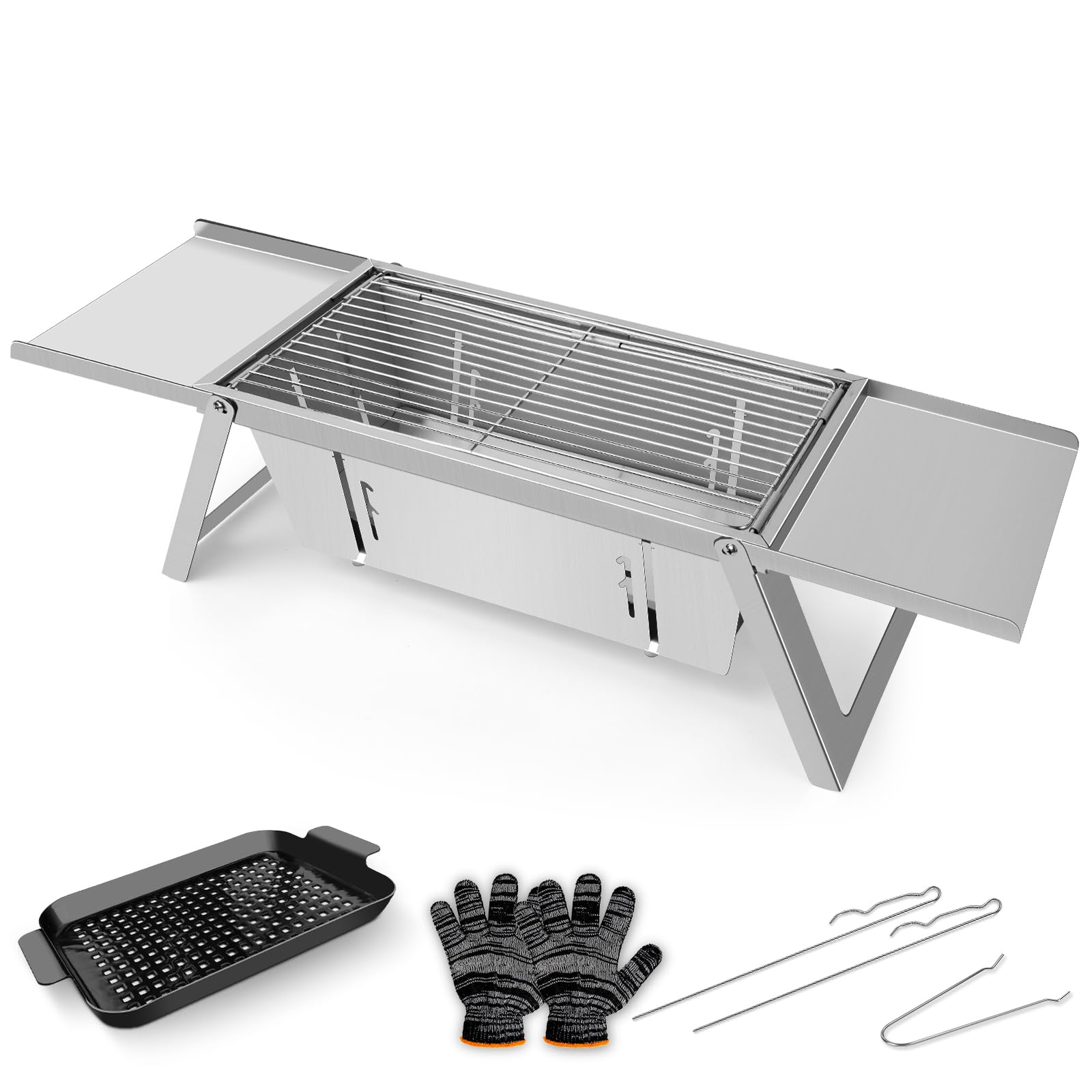 Foldable Portable Charcoal Grill in 304 Stainless Steel, Compact Tabletop BBQ Grill for Outdoor Cooking, Camping, Garden, Picnic and Beach Parties
