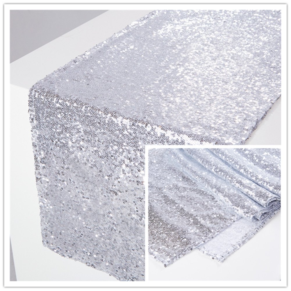 YZEO Silver Sequin Table Runner 12"x120" Shiny Silver Glitter Table Runner Cloth for Wedding Party Decor