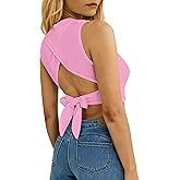 Remidoo Women's Casual Sleeveless Crewneck Ribbed Knit Tie Back Crop Tank Top