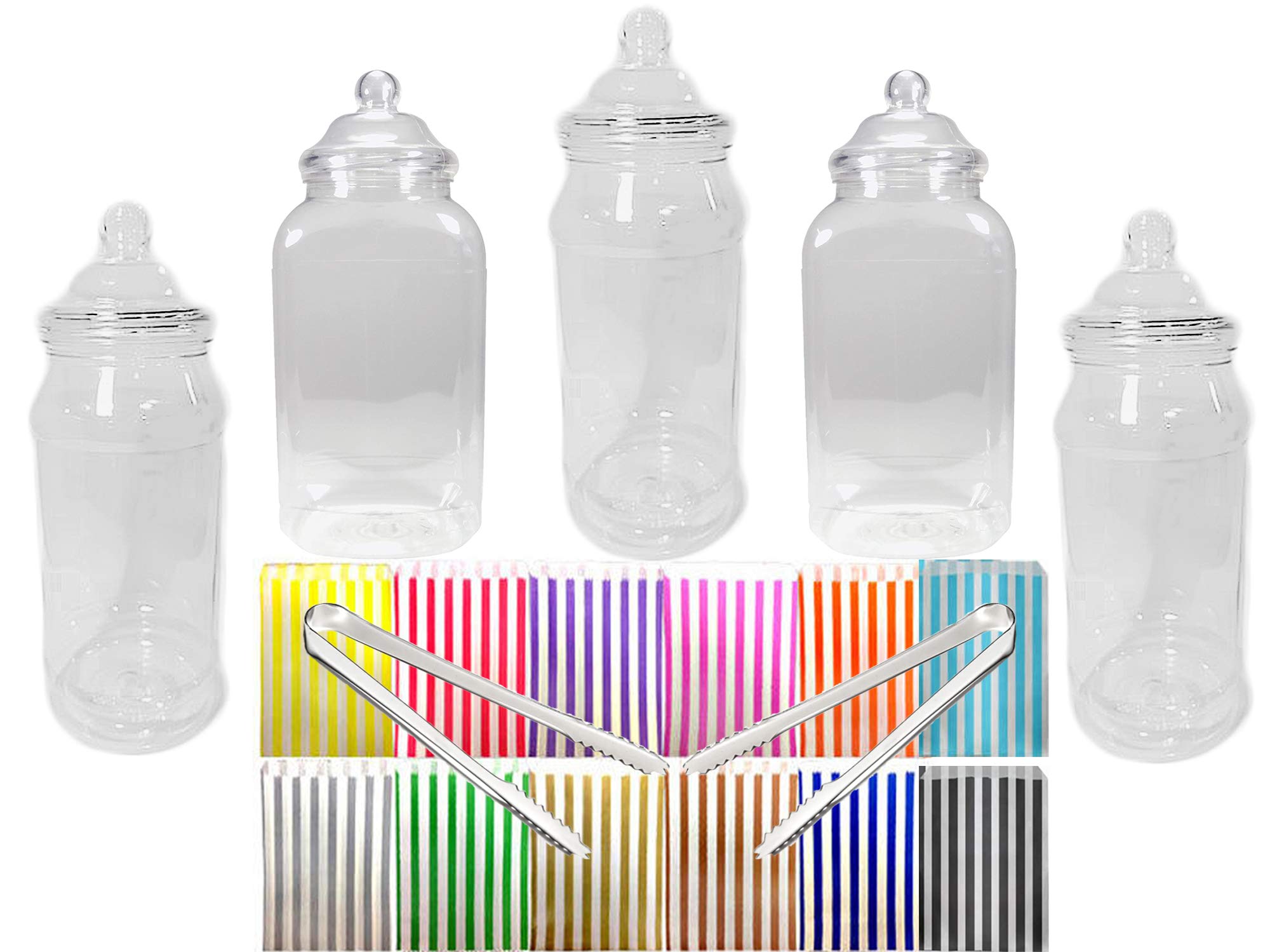 Truly Sweet Candy 5 x 1L Jars, 2 Tongs, 50 Candy Stripe Bags - Vintage Victorian Pick & Mix Sweet Shop Candy Buffet Kit Party Pack (Yellow)