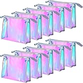 Pafeooui 10 Pcs Iridescent Makeup Bags, Holographic Cosmetic Organizer, Waterproof Travel Toiletry Pouch with Zipper, Portable Organizer for Women, Clear PVC Gift Bags