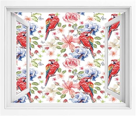 Amazon オウムの装飾 絵画風 Pvc壁紙ポスター 180x140 Cm パステルカラーのオウムアイリスとバラの背景にレトロなインスピレーションのロマンチックなイメージ 窓の景色 目の保養 癒し 気分転換 マルチ ウォールステッカー オンライン通販
