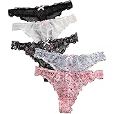 SHENHE Women's 5 Packs Floral Lettuce Trim Bow Low Rise Cute Thong Panties Underwear
